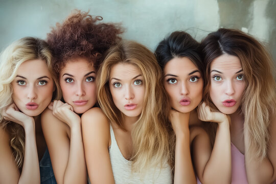 Group of five young women posing together with funny puckered lips expression