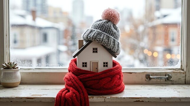 Cozy house model with knitted scarf and hat for winter insulation and home comfort