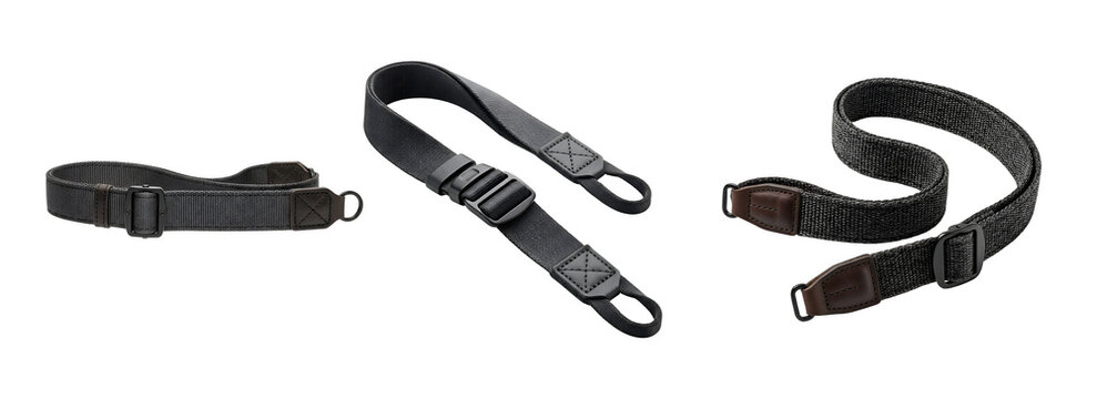 Three black camera straps on transparent background for photography equipment