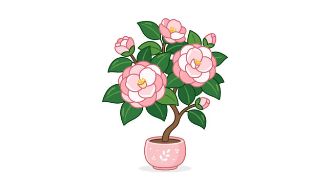 Pink camellia flowering shrub in small pink pot.