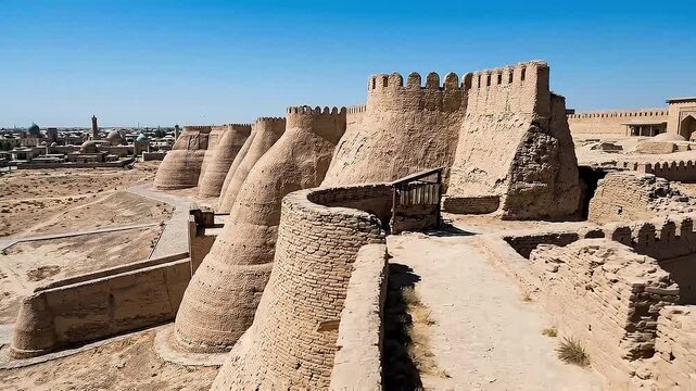 Massive Ancient Mud Brick Fortress Ramparts with View of Bukhara Old Town