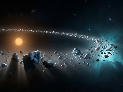 A astroid belt in deep space orbiting a bright sun with rocky meteoroids and glowing nebula in the background