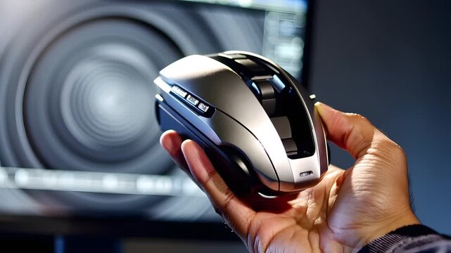 Computer Mouse Demonstrated in Hand in Front of Workspace Screen