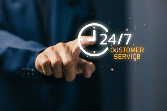 Business professional touching 24/7 customer service icon, representing online support, help desk, contact center, assistance, communication, availability, and digital service technology.