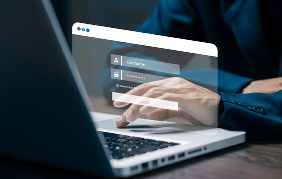 Business professional accessing secure login on a laptop, representing user authentication, password protection, cybersecurity, privacy, account access, and digital identity security.