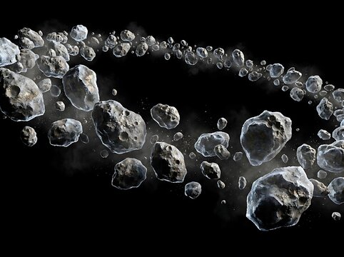A stunning visual depiction of an astroid belt floating in outer space with countless rocky meteoroids and space dust