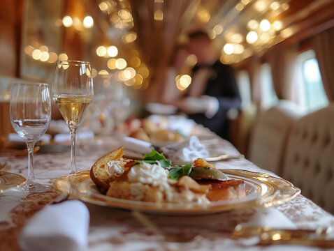 Gourmet fine dining meal with wine glass and elegant dish on a luxury train table