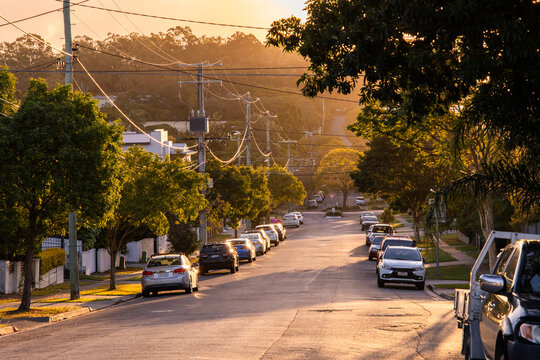 cars parked along a quiet suburban street flooded with golden light at sunset