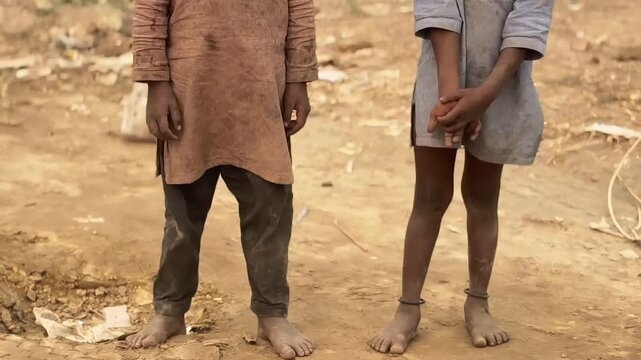 Barefoot Impoverished Children Standing in Dusty Rural Environment Representing Social Inequality and Hope