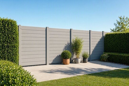 Sleek composite cheap fence panels in a minimalist suburban backyard, bordered by manicured hedges and potted plants, bright midday sunlight casting crisp lines, modern architectural photography style