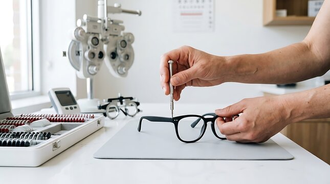 Optician repairing black eyeglasses with a small screwdriver in an optical clinic office.