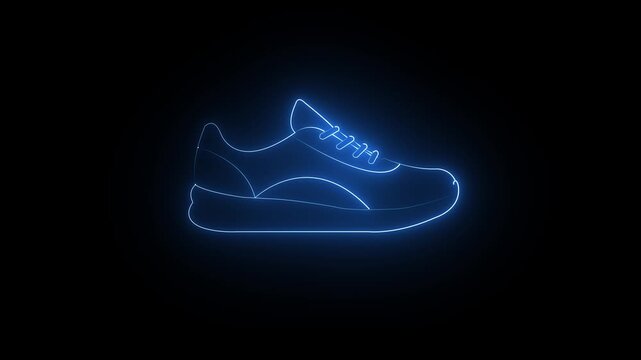 Glowing blue neon running shoe icon on black background. 4k video animation.