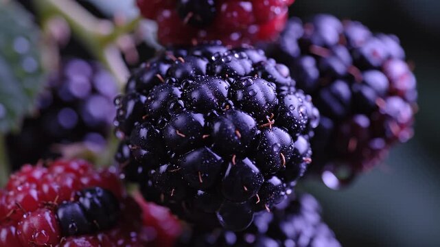 Fresh blackberries being washed under a stream of water