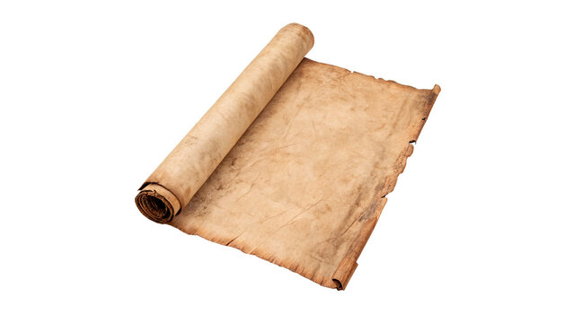 Rolled vintage ancient blank papyrus parchment scroll isolated on transparent background