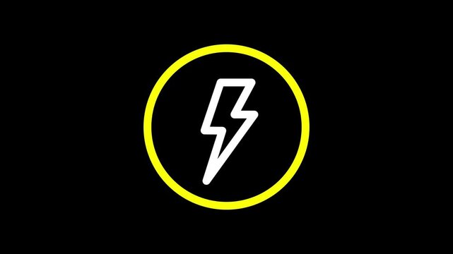 Yellow circle with battery charging icon animation on the black background. Glowing battery fast charging animation video,,,,