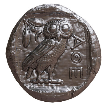 Ancient Greek silver tetradrachm coin with an owl and olive sprig isolated on white transparent