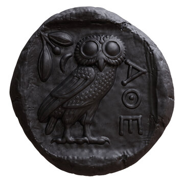Ancient Greek rusty iron tetradrachm coin with an owl and olive sprig isolated on white transparent