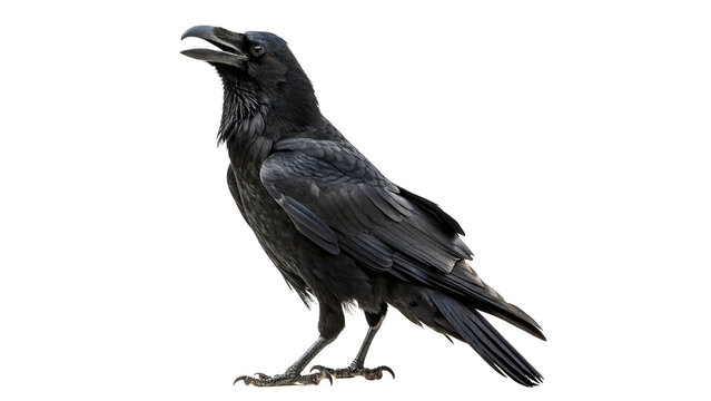 Black crow raven bird standing side view isolated on transparent background