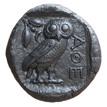 Ancient Greek silver tetradrachm coin with an owl and olive sprig isolated on white transparent