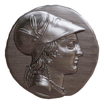 Ancient Greek silver coin features a profile relief of helmeted Athena, isolated on white transparent