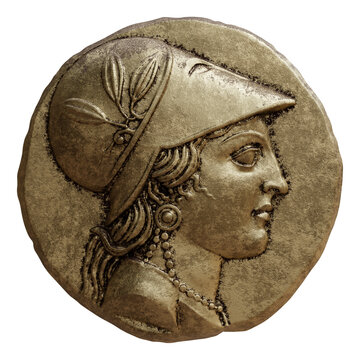 Ancient Greek gold coin with a relief portrait of Athena wearing a helmet, isolated on white transparent