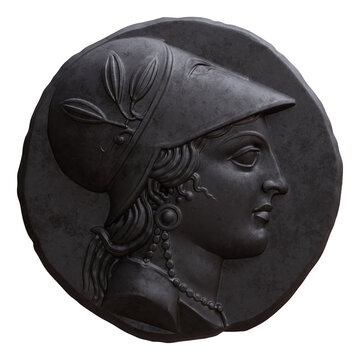 Ancient Greek rusty iron coin with a relief portrait of Athena wearing a helmet, isolated on white transparent