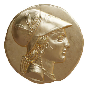 Golden ancient Greek coin depicts helmeted Athena in raised relief, isolated on white transparent