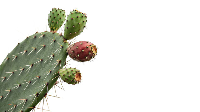 Green prickly pear cactus pads with red fruits isolated on transparent background
