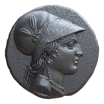 Silver coin depicts helmeted Athena in profile, isolated on white transparent