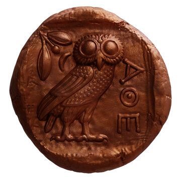 Ancient Greek bronze tetradrachm coin with an owl and olive sprig isolated on white transparent