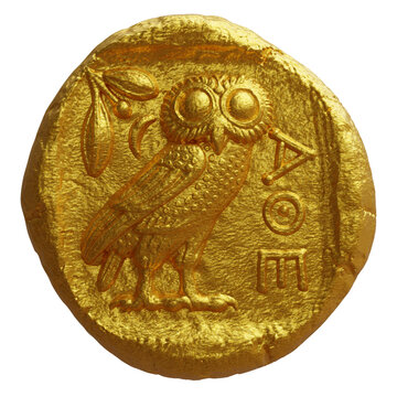 Ancient Greek gold tetradrachm coin with an owl and olive sprig isolated on white transparent