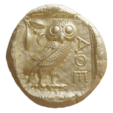 Ancient Greek gold tetradrachm coin with an owl and olive sprig isolated on white transparent