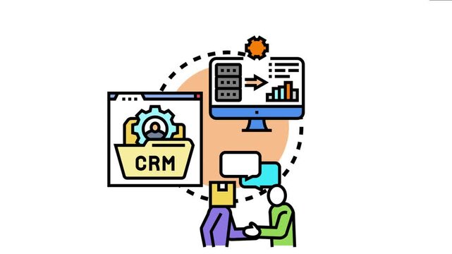 Central client database concept visualizing people interacting, crm system managing customer information, and computer monitor displaying data analysis for business optimization