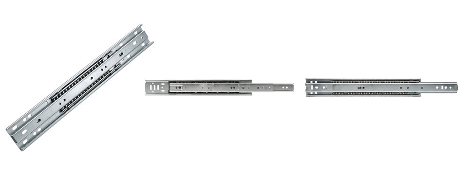 A set of metal drawer slides on a transparent background for furniture hardware needs