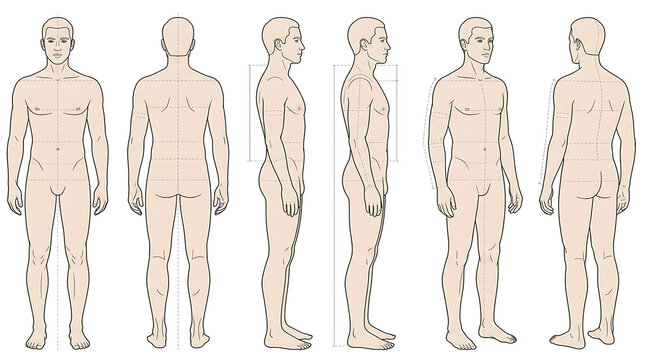 Comprehensive illustration of a human body with front, back and side views highlighting anatomical proportions and structure