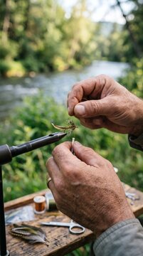 Close up of hands tying a fly fishing lure by a scenic river for phone wallpaper.