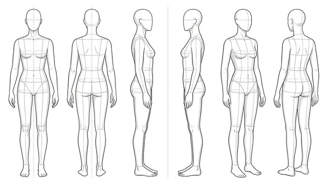 Comprehensive female human anatomy sketch depicting front, back, and side views with detailed limb and torso structures for