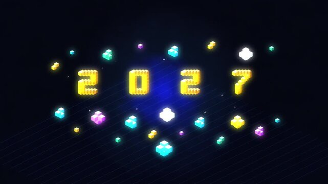 New year 2024 pixel animation with rising digital clouds and confetti, celebration banner