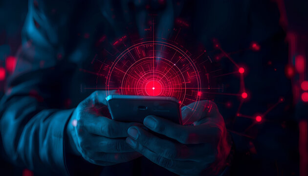 Conceptual image of a cybersecurity manager using a smartphone with a glowing red holographic radar, representing threat intelligence, cyber attack detection, dark web security, and data breach alert