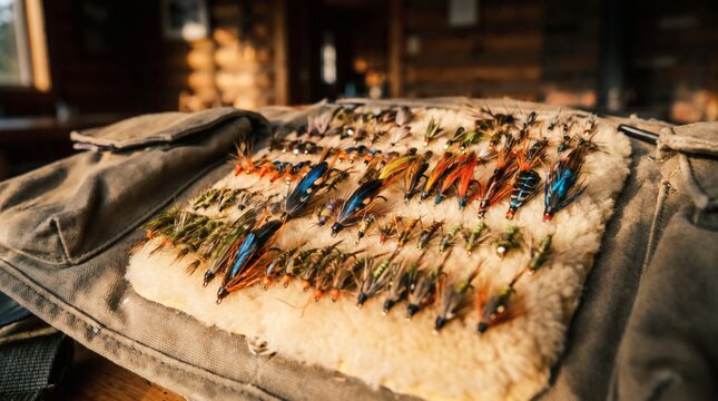Collection of colorful artificial fishing flies arranged on a sheepskin patch for fly fishing wallpaper.