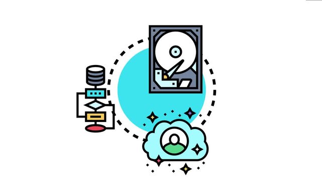Central data management platform concept hard drive storage, database structuring, workflow processes, and cloud user access for efficient digital information handling