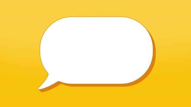 Blank white speech bubble with orange shadow on yellow background for communication design. Seamless loop.