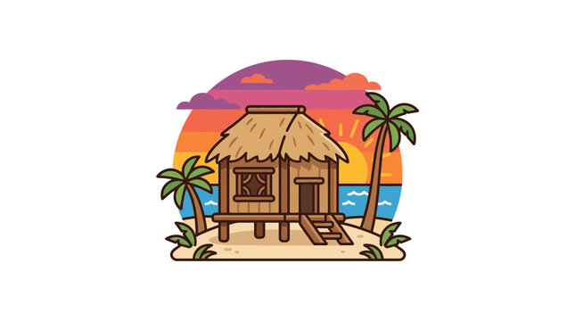 Tropical beach hut shack with palm trees illustration.