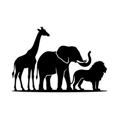 Fototapeta premium Black silhouette of African animals giraffe elephant and lion