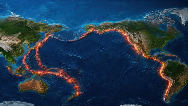 Pacific Ring of Fire Tectonic Plate and Volcanic Belt World Map