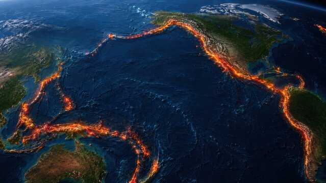 Pacific Ring of Fire Tectonic Plate and Volcanic Belt World Map
