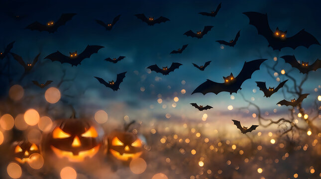 Scary halloween background with glowing orange pumpkins and many flying bats in a dark night sky