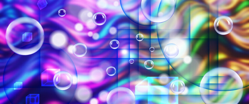 Vector abstract wide poster. Transparent bubbles, spheres and squares. Wavy colored neon blurred background. Futuristic wallpaper. Geometric shapes. Bright light glowing spots. Bokeh effect. Blurry