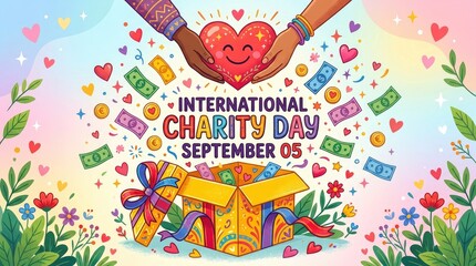 Fototapeta premium International charity day illustration with hands holding a heart and gift box