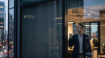 Fototapeta premium 仕事の成功を窓ガラスの映り込みで静かに喜ぶビジネスパーソン